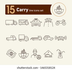 Carry line icon set. Semi truck, taxi, pickup, city. Transport concept. Can be used for topics like delivery, logistics, travel