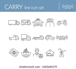 Carry line icon set. Semi truck, taxi, pickup, city. Transport concept. Can be used for topics like delivery, logistics, travel