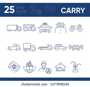 Carry line icon set. Semi truck, taxi, pickup, city. Transport concept. Can be used for topics like delivery, logistics, travel