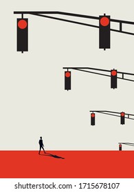 Carry on with life when everything is stopped vector concept. Man walking on red lights. Eps10 illustration.