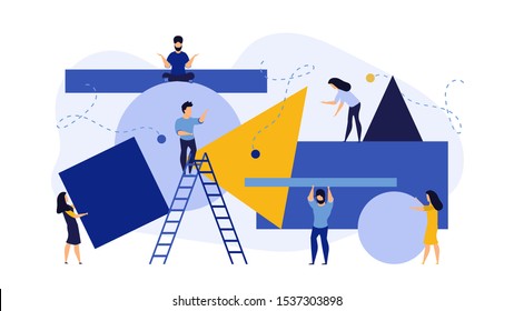 Carry person people moving puzzle jigsaw business vector flat cartoon illustration. Man and woman office employee busy concept landing. Job worker team bureaucracy builder process banner character.