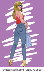 Carry shopping bags, jeans with glasses, blondes pose.
girl doing stand posing. illustrator vector.