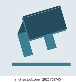 Carry stool drawn from a tilted view in ocean deep colours, showing the seat board, the plank legs and the foot rail, a flat geometric illustration for interior and furniture layouts.