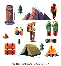 Carry stuff for travel. Tourist bag and accessories set. Backpack content, essentials, things, supplies and equipment. Flat graphic vector illustration