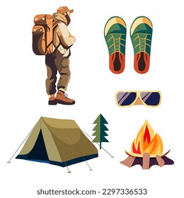 Carry stuff for travel. Tourist bag and accessories set. Backpack content, essentials, things, supplies and equipment. Flat graphic vector illustration