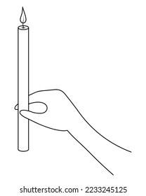 Lleva una vela delgada en tu mano. Llama ardiente de una vela de la iglesia. Esbozo. Los dedos están cerrados alrededor del atributo ritual. Ilustración vectorial. Estilo Doodle. 