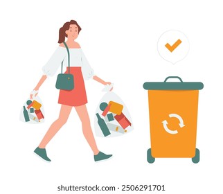 Carry trash bags throw garbage into recycle containers after clean up rubbish removing concept illustration