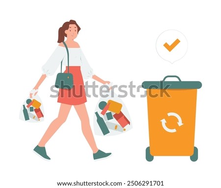 Carry trash bags throw garbage into recycle containers after clean up rubbish removing concept illustration