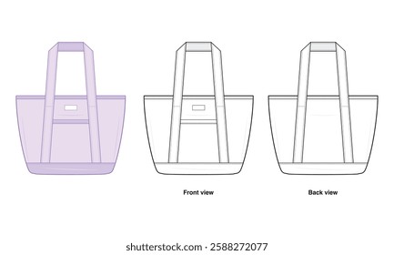 Carryall Tote Bag Technical Fashion Illustration. Handbag Vector Template. Front and Back View. Reinforced Shoulder Straps. Large Front Pocket. Women’s Fashion Accessory. CAD Mockup set