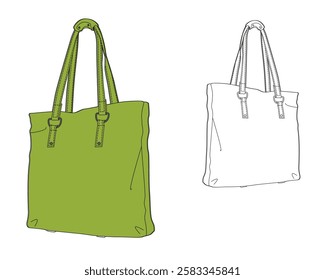 Carryall tote bag technical flat sketch vector mockup illustration.