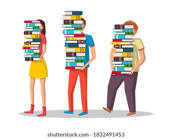 Carrying books. Isolated young man and woman person students carrying stack of books. Pile of textbooks in library. Education, study and literature vector illustration