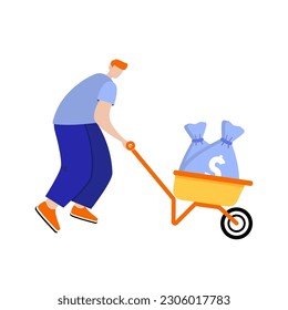 Мan is carrying a cart full of money.Savings concept.