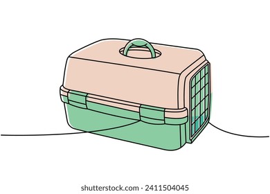 Carrying case, cage, pet box one line colored continuous drawing. Animals accessories, pet toy supplies continuous one line illustration.