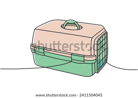 Carrying case, cage, pet box one line colored continuous drawing. Animals accessories, pet toy supplies continuous one line illustration.