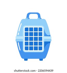 Carrying Case For Traveling With Pets Or Visiting Veterinarian. Animal Transportation Box Or Kennel. Blue Cage for Cat or Dog, Carrier for Pet Isolated on White Background. Cartoon Vector Illustration