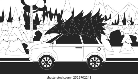 Carrying Christmas tree on car black and white line illustration. Transporting fir spruce on automobile roof 2D object monochrome background. Auto riding through winter woods outline vector image