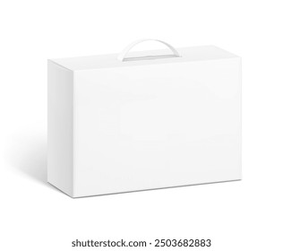 Carrying corrugated box case with plastic handle mockup. Half view. Vector illustration isolated on white background. Ready and simple to use for your design. EPS10.	