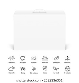 Carrying corrugated box case with plastic handle mockup for latex pillow with set icons. Front view. Vector illustration isolated on white background. Ready and simple to use for your design. EPS10.	