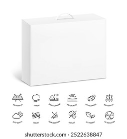 Carrying corrugated box case with plastic handle mockup for latex pillow with set icons.Half side view. Vector illustration isolated on white background. Ready and simple to use in your design.EPS10.	