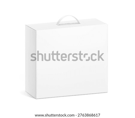 Carrying corrugated box case with plastic handle mockup. Half side view. Vector illustration isolated on white background. Ready and simple to use for your design. EPS10.