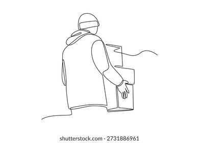 Llevando Cajas de Suministros de Emergencia. Preparación para 7 días sin electricidad Concepto. Diseño de dibujo de una sola línea 4k. Ilustración gráfica
