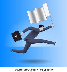 Carrying the flag business concept. Confident businessman in business suit with case in one hand and flag in other runs as fast as can. Leadership concept