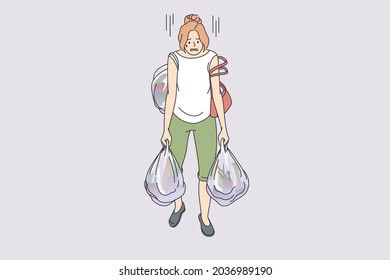 Carrying heavy bags tiredness concept. Young exhausted tired woman cartoon character going carrying many heavy shopping bags full of food from supermarket vector illustration 