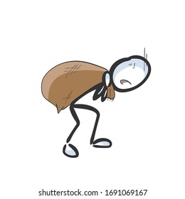 Carrying heavy weight bag. Hard work. Hand drawn. Stickman cartoon. Doodle sketch, Vector graphic illustration
