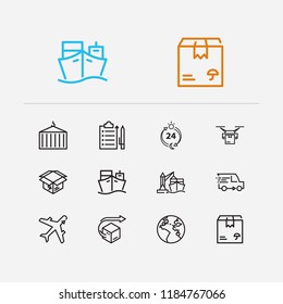 Carrying icons set. Distribution and carrying icons with delivery hours, ship port and delivery airplane. Set of lift for web app logo UI design.