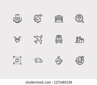 Carrying icons set. Truck and carrying icons with delivery goods, delivery network and global logistics. Set of inventory for web app logo UI design.