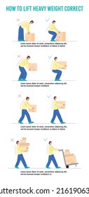 Carrying, lifting heavy loads, boxes, a set of vector flat illustrations on a white background. Heavy weight of the box is carried by a woman correctly, incorrectly.