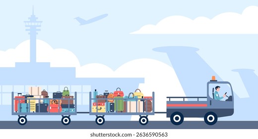 Carrying luggage with truck. Airport employee brings bags and suitcases for loading or collection. Driver service worker, tourism and travel recent vector scene