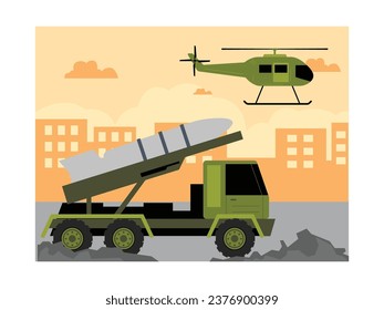 Carrying missiles on heavy transport, preparation of missile launch to massacre the enemy, war vector illustration.