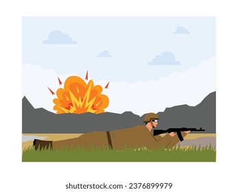 Carrying out an attack on a base, using weapons to fight the enemy, war vector illustration.