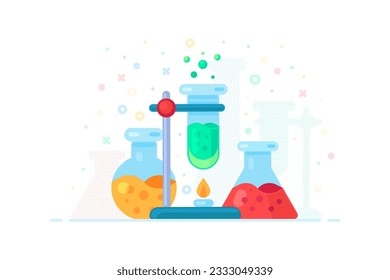 Carrying out chemical reactions in laboratory glass test tubes. Spherical and tall chemical vessels. Conducting experiments and analysis in chemistry. Flat isolated vector concept