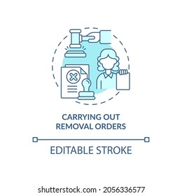 Carrying Out Removal Orders Blue Concept Icon. Courthouse Case Hearing On Migration. Deportation Procedure Abstract Idea Thin Line Illustration. Vector Isolated Outline Color Drawing. Editable Stroke