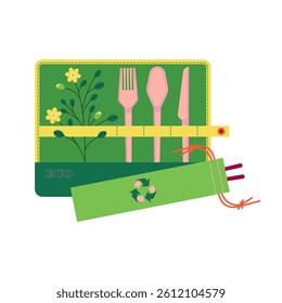 carrying reusable cutlery. sustainable lifestyle concept illustration.