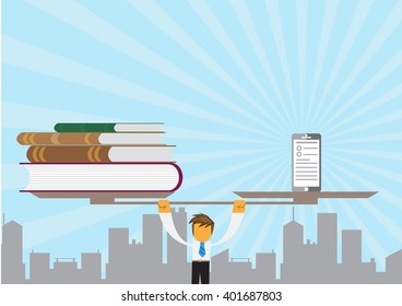 carrying a stack of books and smartphone.