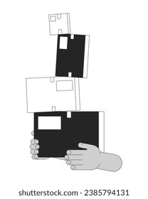 Carrying unstable stacked boxes cartoon human hands outline illustration. Holding unsteady cardboard parcels 2D isolated black and white vector image. Challenge flat monochromatic drawing clip art