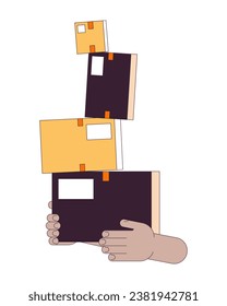 Carrying unstable stacked boxes linear cartoon character hands illustration. Holding unsteady cardboard parcels outline 2D vector image, white background. Challenge editable flat color clipart