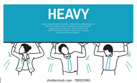 Carrying very heavy tasks or works on the shoudlers, business people try to carrying and push the heavy burden. Outline, thin line art, contour, linear, hand drawn sketch, doodle, cartoon style.
