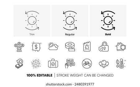 Carry-on baggage, Bicycle prohibited and Fireworks explosion line icons. Pack of Thermometer, Ice creams, Bid offer icon. Cashback, Adhesive tape, Canister pictogram. Security lock. Line icons. Vector