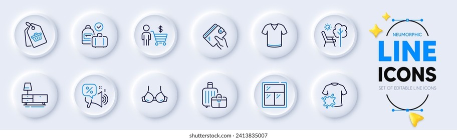 Carry-on baggage, Deckchair and Window line icons for web app. Pack of Baggage, Wallet, Sale tag pictogram icons. Buyer, Bra, Discounts offer signs. T-shirt, Dresser, Dirty t-shirt. Vector