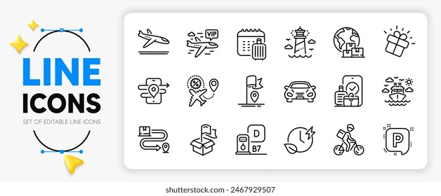 Carry-on baggage, Gps and Delivery service line icons set for app include Car, Lighthouse, Charging time outline thin icon. Ship travel, Gift, Flag pictogram icon. Flight sale. Vector