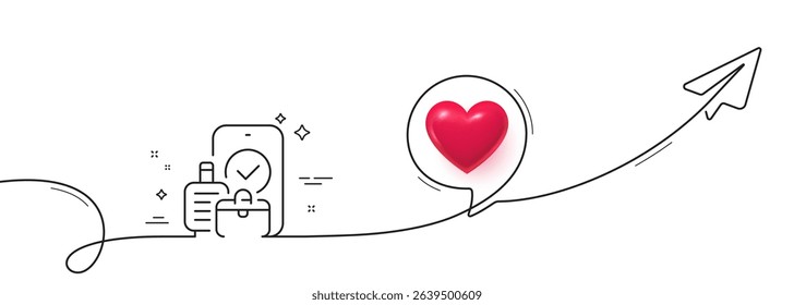 Carry-on baggage line icon. Continuous line with share plane. Travel handbag sign. Allowed luggage bag symbol. 3d heart in speech bubble. Carry-on baggage single line ribbon. Vector