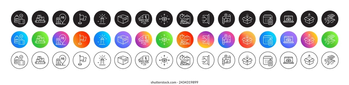 Carry-on baggage, Parcel delivery and Lighthouse line icons. Round icon gradient buttons. Pack of Exit, Cash transit, Baggage calendar icon. Office box, Send box, Flag pictogram. Vector