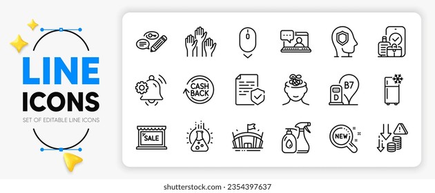 Carry-on baggage, Refrigerator and Scroll down line icons set for app include Anxiety, Cashback, Deflation outline thin icon. Voting hands, Chemistry lab, Notification bell pictogram icon. Vector