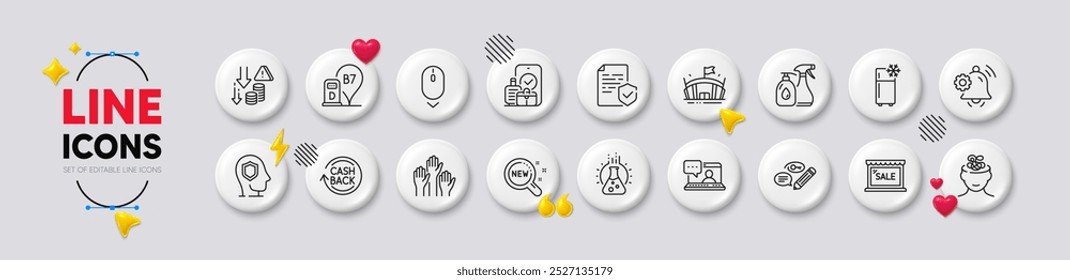 Carry-on baggage, Refrigerator and Scroll down line icons. White buttons 3d icons. Pack of Anxiety, Cashback, Deflation icon. Voting hands, Chemistry lab, Notification bell pictogram. Vector