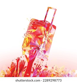 Carry-on luggage with human hands isolated on white background for a traveler lifestyle concept. Travel suitcase for a vacation trip, early booking or last-minute booking. Vector illustration