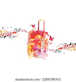 Carry-on luggage with musical notes isolated on white background for a traveler lifestyle concept. Travel suitcase for a vacation trip. Vector illustration